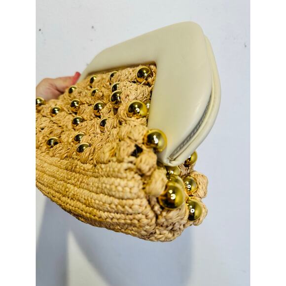 THEMOIRè Brown Tan Straw Woven Beaded Pearl Magnetic Closure Clutch Purse - Picture 5 of 9